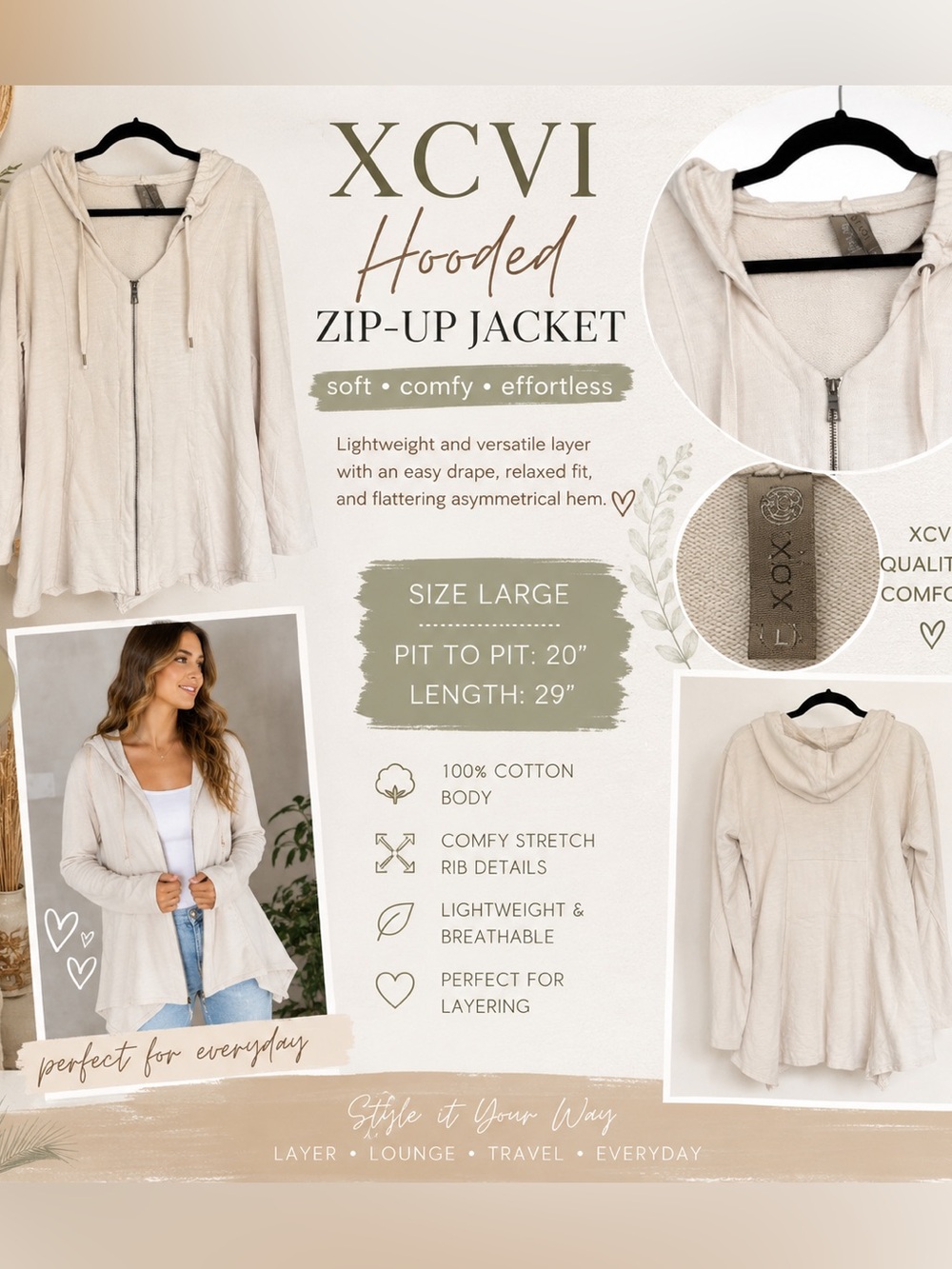 XCVI Hooded Zip-Up Jacket Women’s Large Cream Boho Lounge Tunic